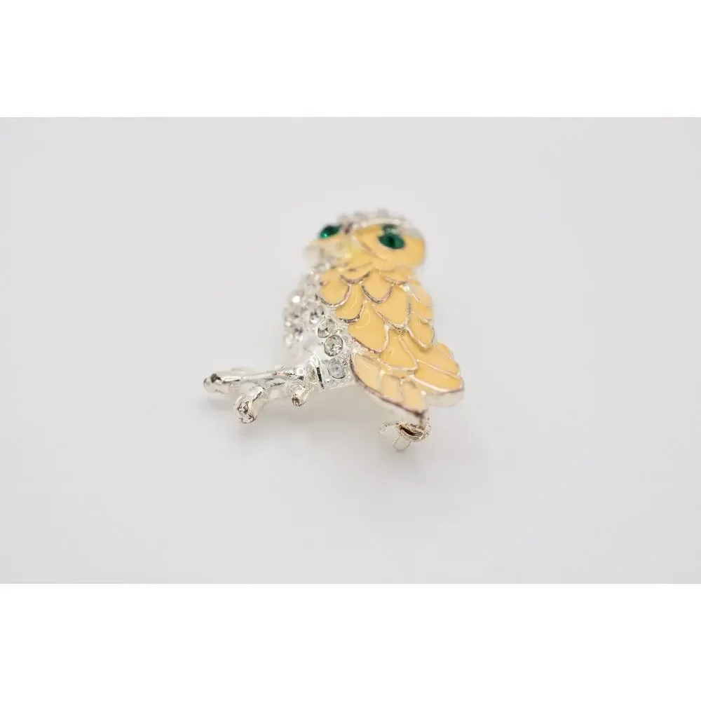 Vintage Owl Pin Brooch Rhinestone Crystal Green Cream Enamel Silver Shiny BinAT